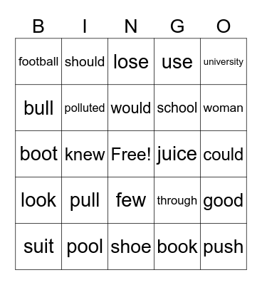 long and short 'u' Bingo Card