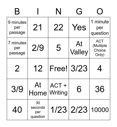 ACT Trivia Bingo Card