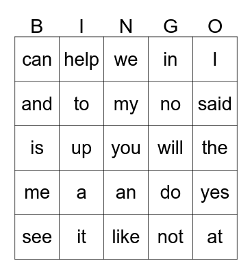 Sight Words Bingo Card