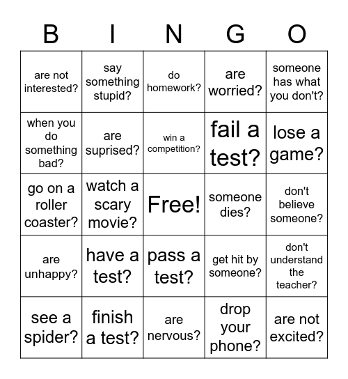 How do you feel when you__________? Bingo Card