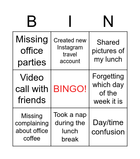 Fun From home Bingo Card