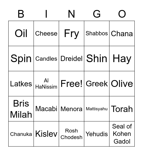 Chanukah Story Bingo Card