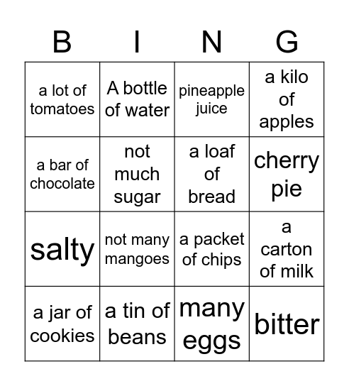 FOOD ITEMS Bingo Card