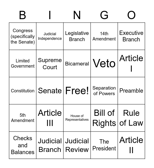 Federal Government Review Bingo Card