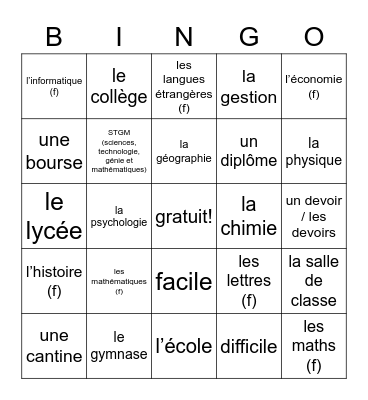 D'accord 1 2A Les cours Bingo Card