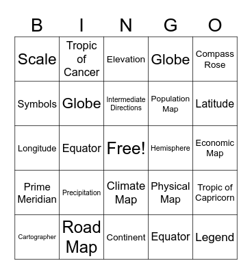 Map Skills Bingo Card