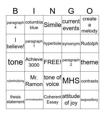 English 1 Review Bingo Card