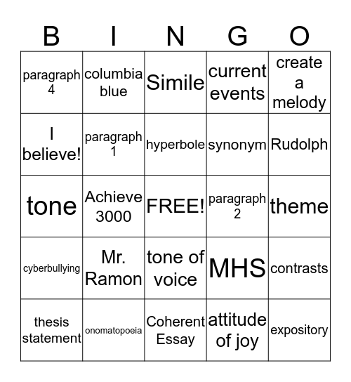 English 1 Review Bingo Card