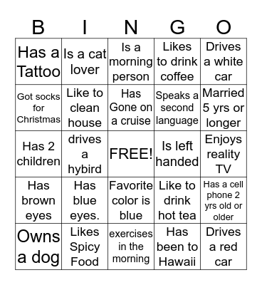 GETTING TO KNOW YOU Bingo Card