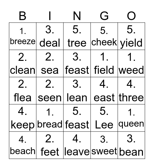 Long /e/ Digraph:ee, ea, ie Bingo Card