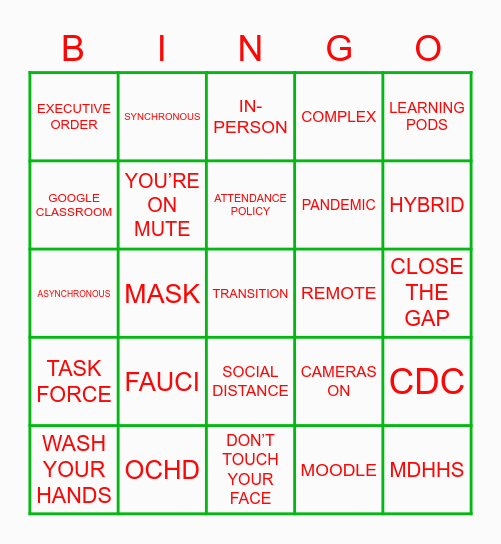 Pandemic Bingo Card