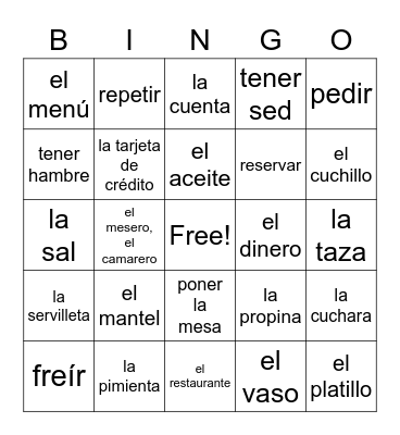 c2 En un Restaurante, palabras 1 Bingo Card