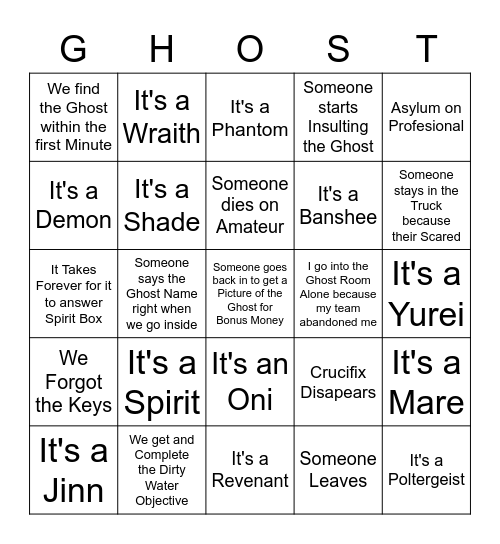 Phasmophobia Bingo Card