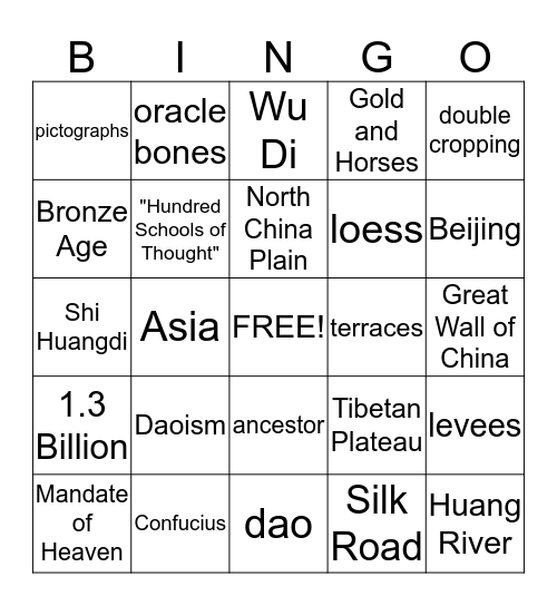 Ancient China Review Bingo Card