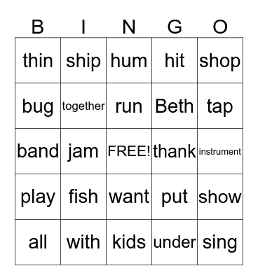 First Grade "Beth and the Band" Bingo Card