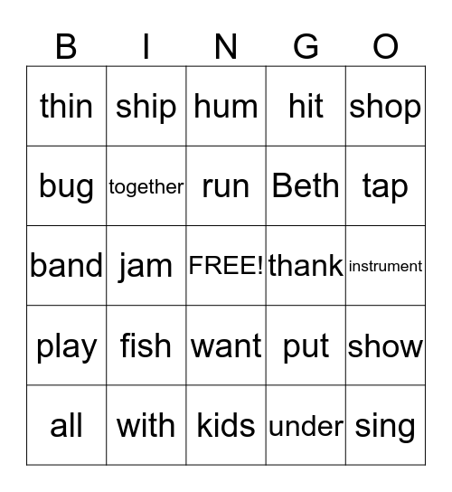 First Grade "Beth and the Band" Bingo Card