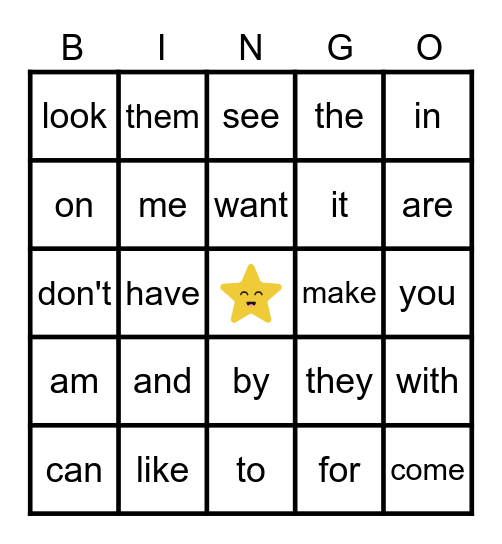 Sight Word Bingo Card