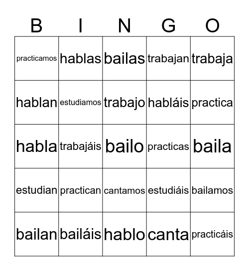 Verb Conjugation Bingo Card