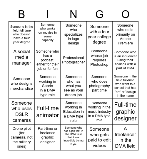 Digital Media Arts Career Bingo Card