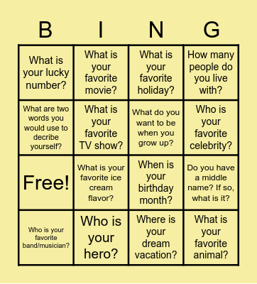 Getting to know you! Bingo Card