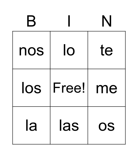 Direct and Indirect Object Pronouns Bingo Card