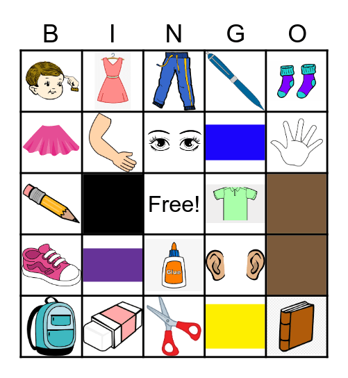 Clothes, Body, Colors, and Classroom Review Bingo Card