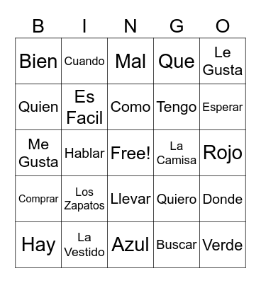 Spanish Vocabulary Bingo Card