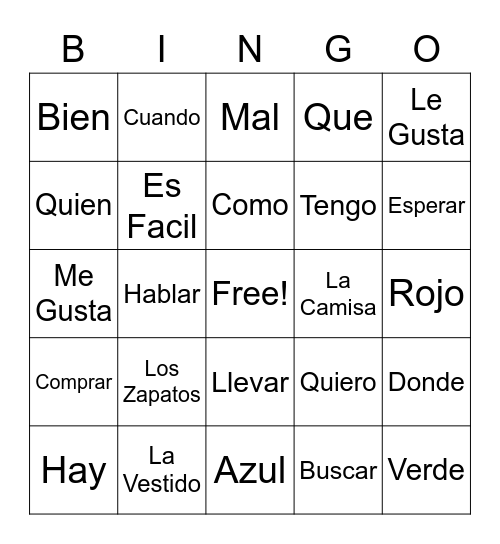 Spanish Vocabulary Bingo Card