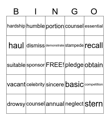 Amazing Words Unit 1 & 2 Bingo Card