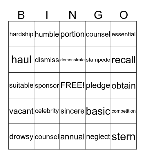 Amazing Words Unit 1 & 2 Bingo Card