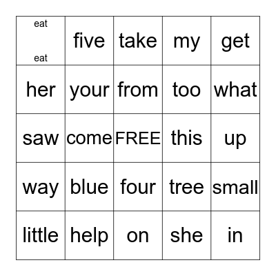 Sight Words Bingo Card
