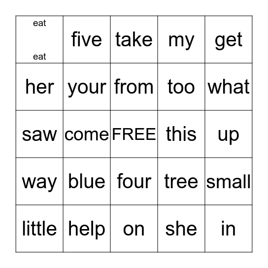 Sight Words Bingo Card