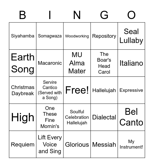 U Choir Bingo! Bingo Card