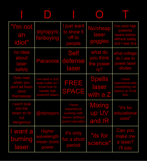 Laser Noob Bingo Card