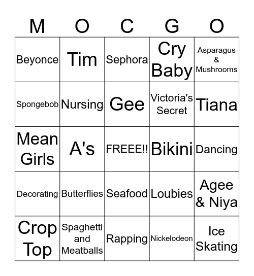 Moc's PJ Party Bingo  Bingo Card