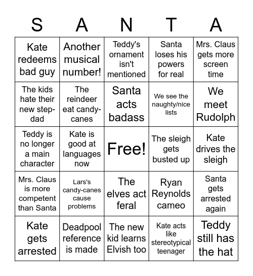 Christmas Chronicles 2 Bingo Card