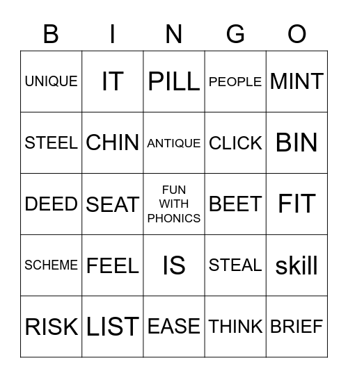 /i:/ and /I/ sounds Bingo Card