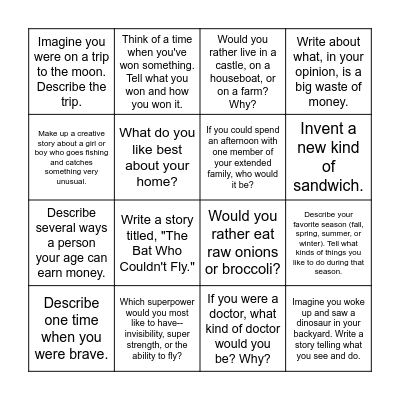 Writing Prompts Bingo Card