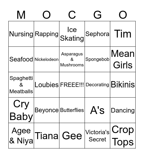 Moc's PJ Party Bingo  Bingo Card