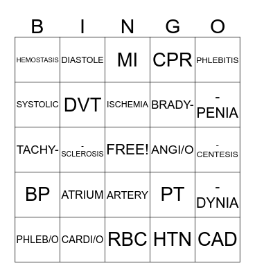 10 CARDIOVASCULAR SYSTEM Bingo Card