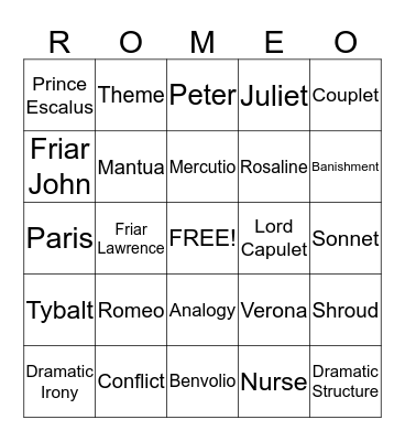 Romeo and Juliet Bingo Card