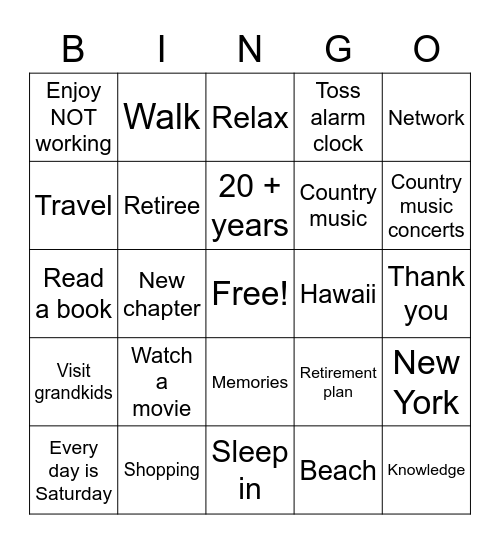 Retirement Bingo Card