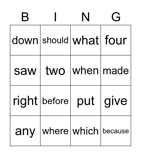 Tricky Word Bingo 30-60 Bingo Card