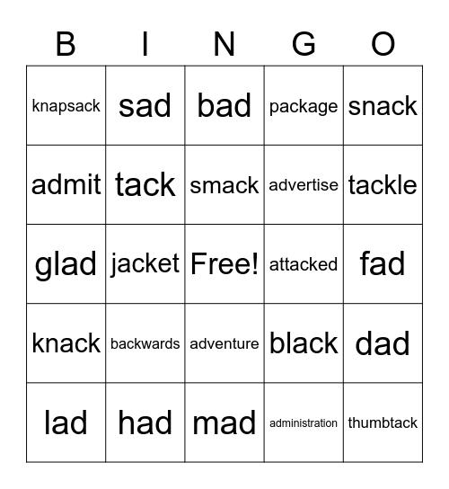 Word Family Bingo Card