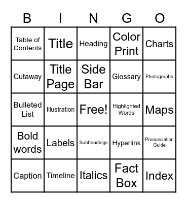 Text Features Bingo Card