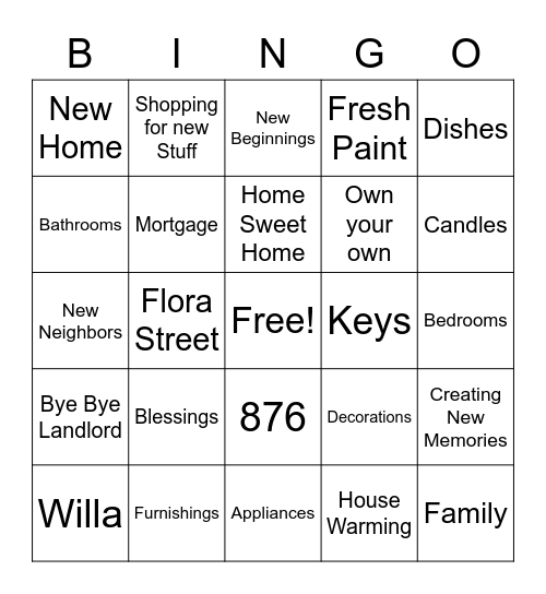 Willa’s House Warming Bingo Card