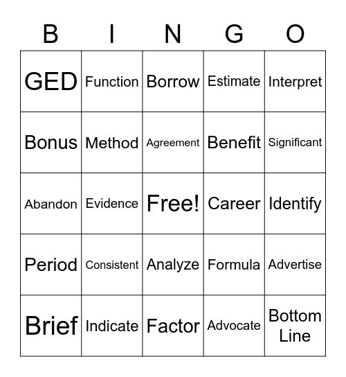 Vocabulary Review Bingo Card