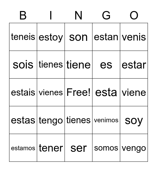 Ser/Estar/Venir/Tener Bingo Card