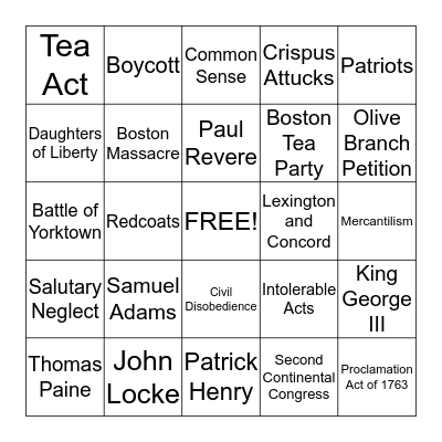 American Revolution Bingo & Unit 3 Bingo Card