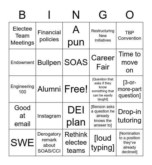 TBP Elections Bingo Card